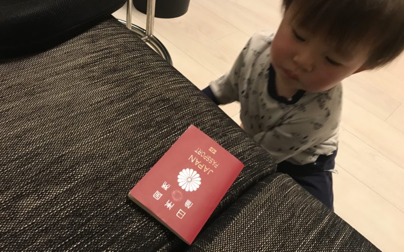 ソファの上のパスポートを見つめる1歳児